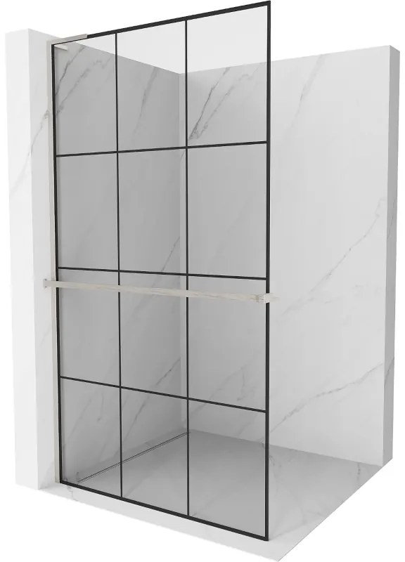 Mexen Kioto+ L, sprchová zástena Walk-In s poličkou a vešiakom 100 x 200 cm, 8mm číre sklo čierny vzor, brúsená oceľ profil, 800-100-123-97-77