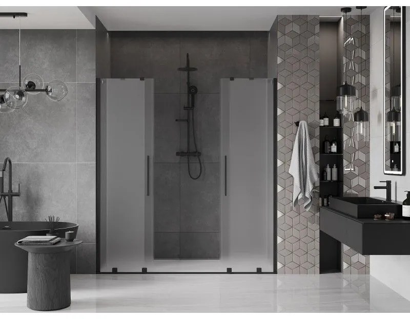 Mexen Velar Duo, posuvné sprchové dvere do otvoru 200 cm, 8mm sklo námraza, čierna matná, 871-200-000-32-70