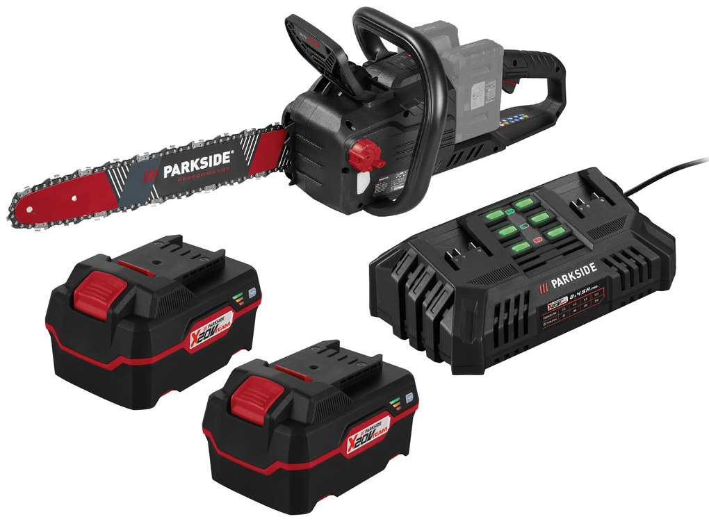 Parkside Performance® Aku reťazová píla Ppksa 40-Li B2 + Akumulátor 20 V/4 Ah, 2 kusy + Dvojitá nabíjačka na akumulátor 20 V/4,5 A (800010668)