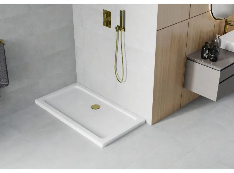 Mexen SLIM - Obdĺžniková sprchová vanička 130x70x5cm + zlatý sifón, biela, 40107013G