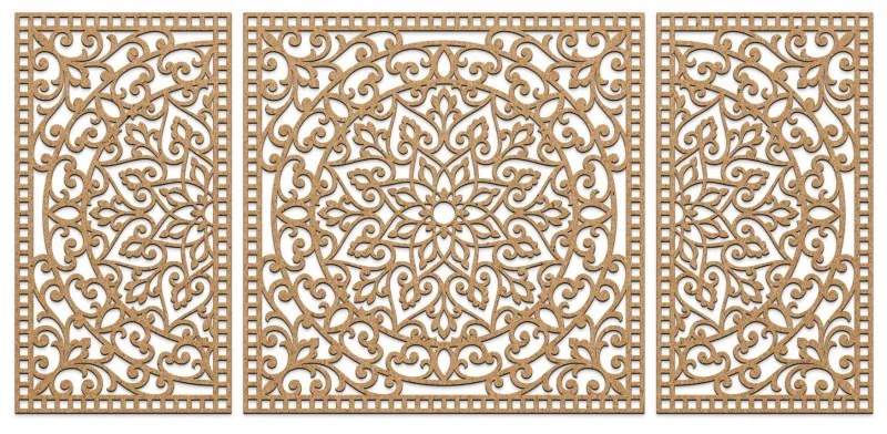 Drevená nástenná dekorácia trojdielna mandala do interiéru | SENTOP HDF0514-B