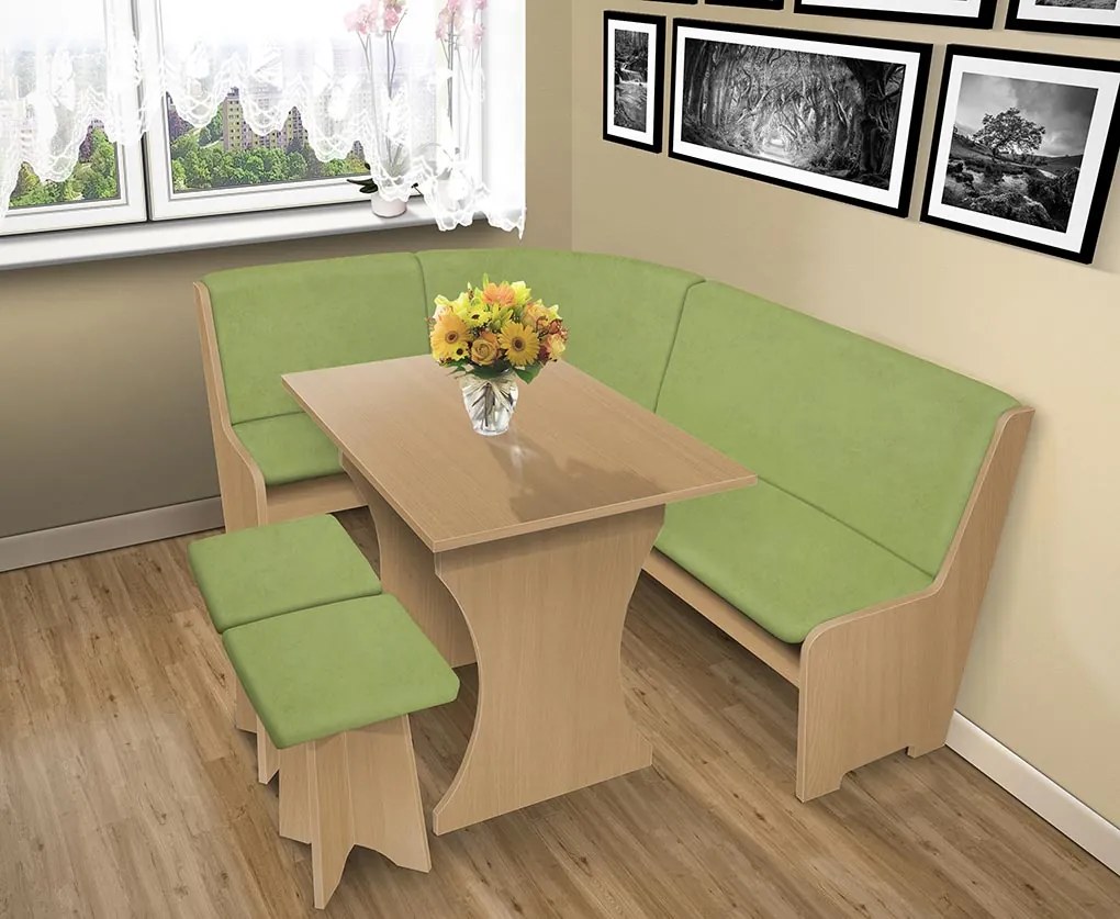 Nabytekmorava Jedálenská rohová lavica sa štokrlemi a stolom farba lamina: biela 113, čalúnenie vo farbe: Alova zelená