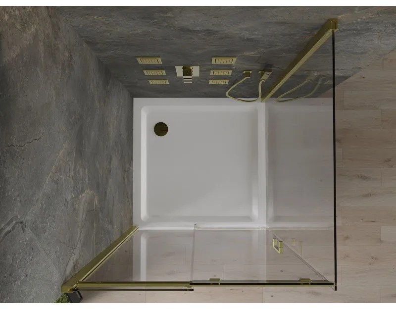 Mexen Omega, sprchovací kút s posuvnými dverami 100 (dvere) x 100 (stena) cm, 8mm číre sklo, zlatý profil + slim sprchová vanička 5cm, 825-100-100-50-00-4010