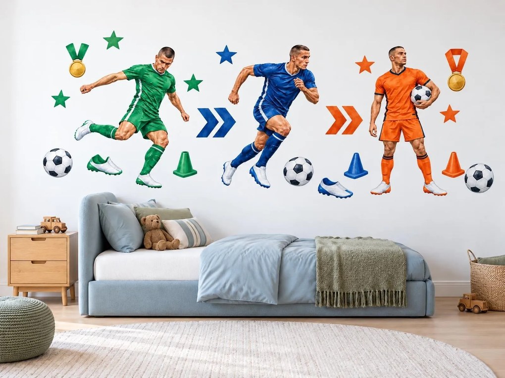 Traja futbalisti v akcii športové nálepky na stenu do študentskej izby hárok 46 x 23 cm