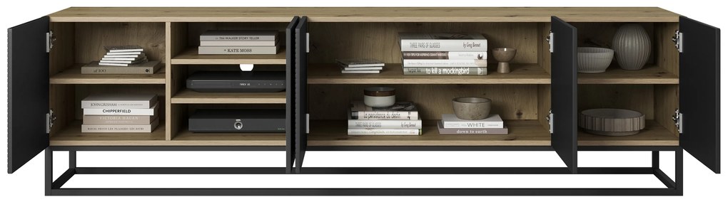 TV skrinka Asha 200 cm s ryhovaným čelom - artisan / čierny mat