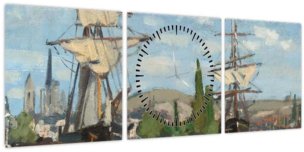 Obraz - Claude Monet, Ships Riding on the Seine at Rouen, reprodukcia (s hodinami) (90x30 cm)