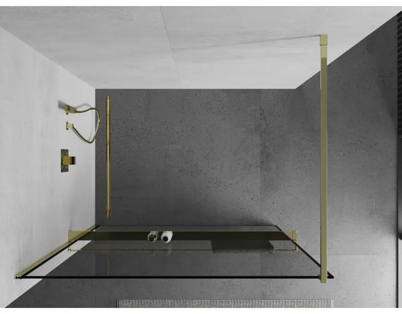 Mexen Kioto+, sprchová zástena s poličkou a držiakom na uteráky 70 x 200 cm, 8mm číre sklo vzor čierny rám, zlatý profil, 800-070-121-50-70