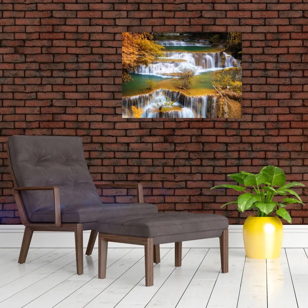 Sklenený obraz - Vodopády Huay Mae Khamin, Thajsko (70x50 cm)