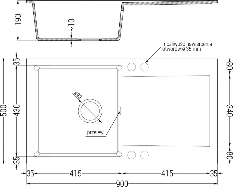 Mexen Leo, drez granitový 900x500x190 mm, 1-komorový a čierna batéria Telma, čierna, 6501-77-670200-70-B