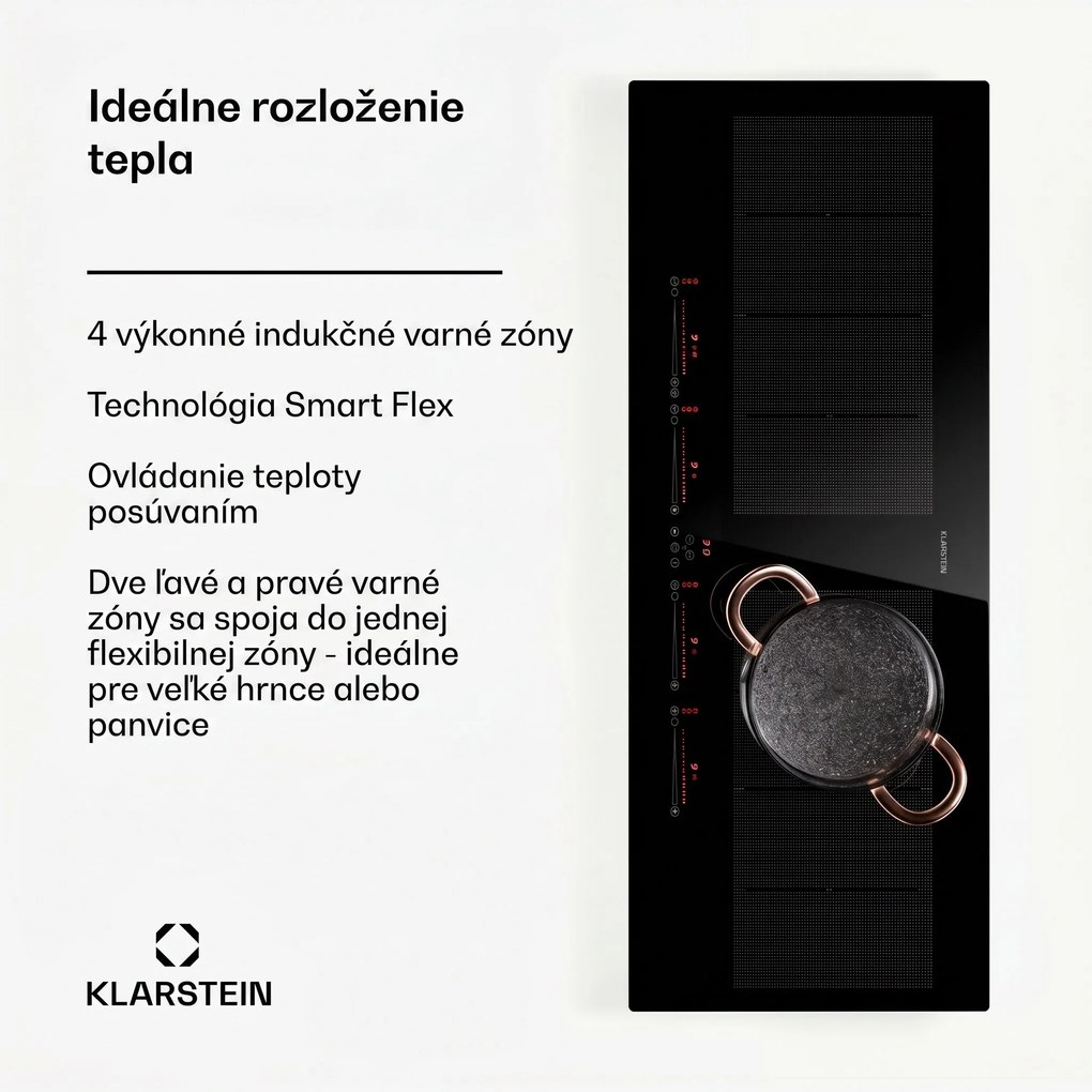 Klarstein Masterzone 90 Slim Flex, indukčná varná doska, max. 7200 W, vstavaná, 4 zóny, 2 Flex zóny, technológia ThermoBoost, Smart Flex