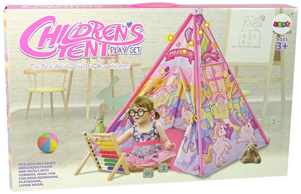 Lean Toys Detský stan teepee – ružový s jednorožcami