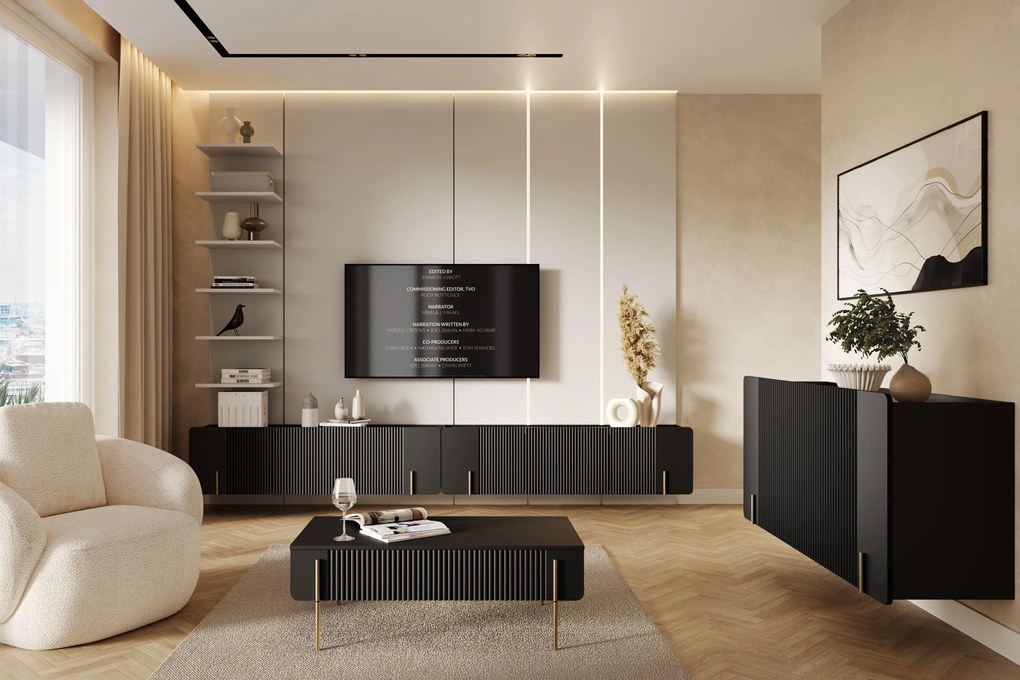 Závesný TV stolík Malmi 150 cm - čierny mat / zlatá