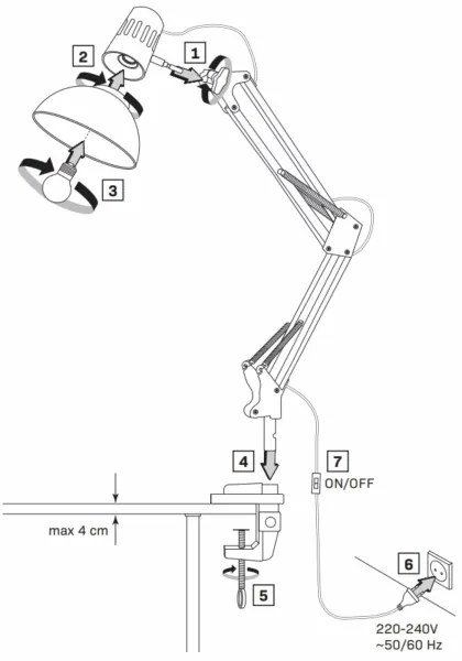 Stolná lampa s klipom WORKER 1xE27/10W/230V biela