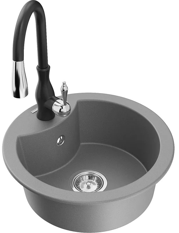 Mexen Diego, 1-komorový granitový drez 488x488x167 mm a drezová batéria Savita, šedá, 6512-71-672601-70