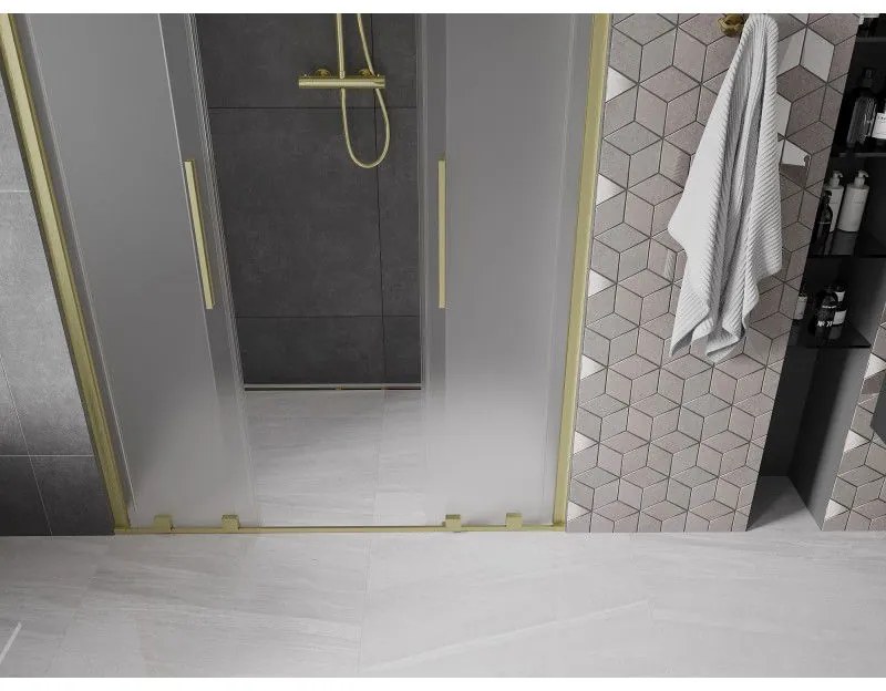 Mexen Velar L Duo, posuvné sprchové dvere do otvoru 160 cm, 8mm sklo námraza, zlatá matná, 871-160-003-32-55