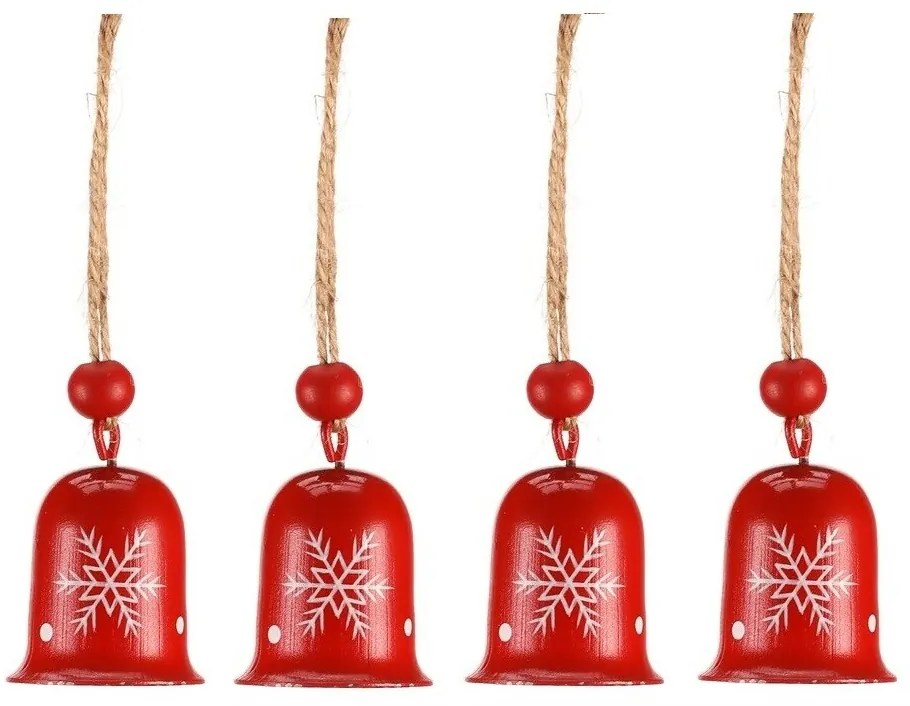 Súprava závesných vianočných zvončekov, 4 ks, červená, kov