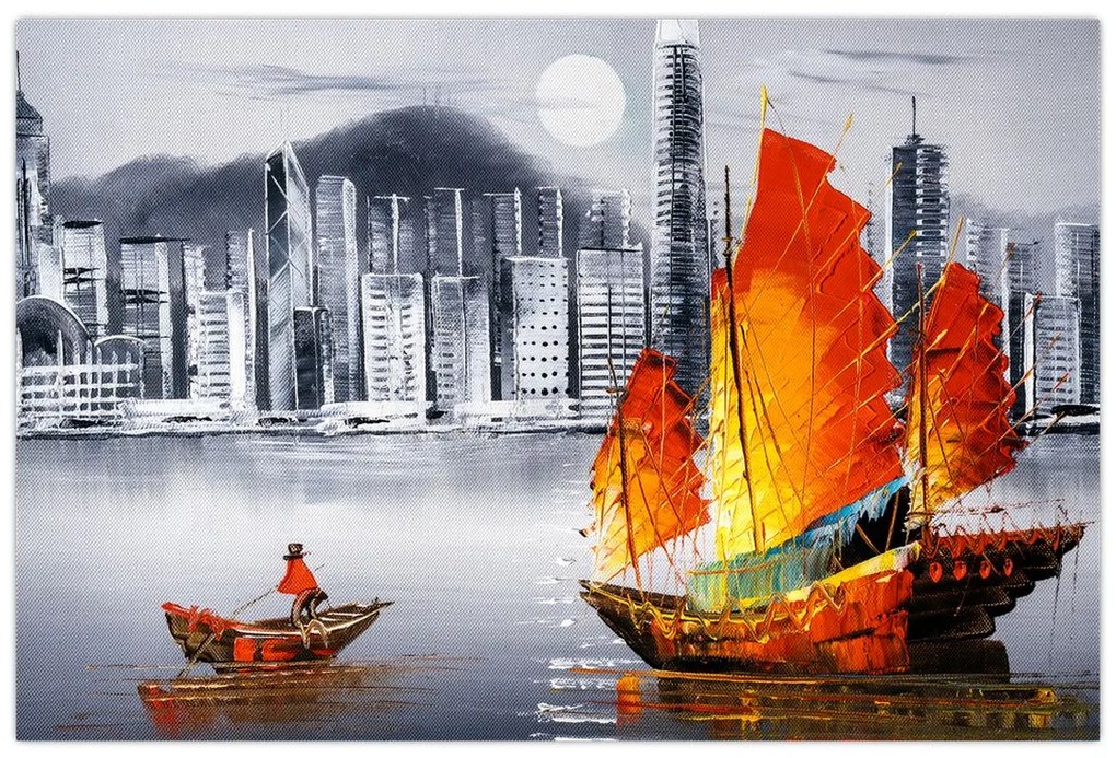 Obraz - Victoria Harbor, Hong Kong, čiernobiela olejomaľba (90x60 cm)