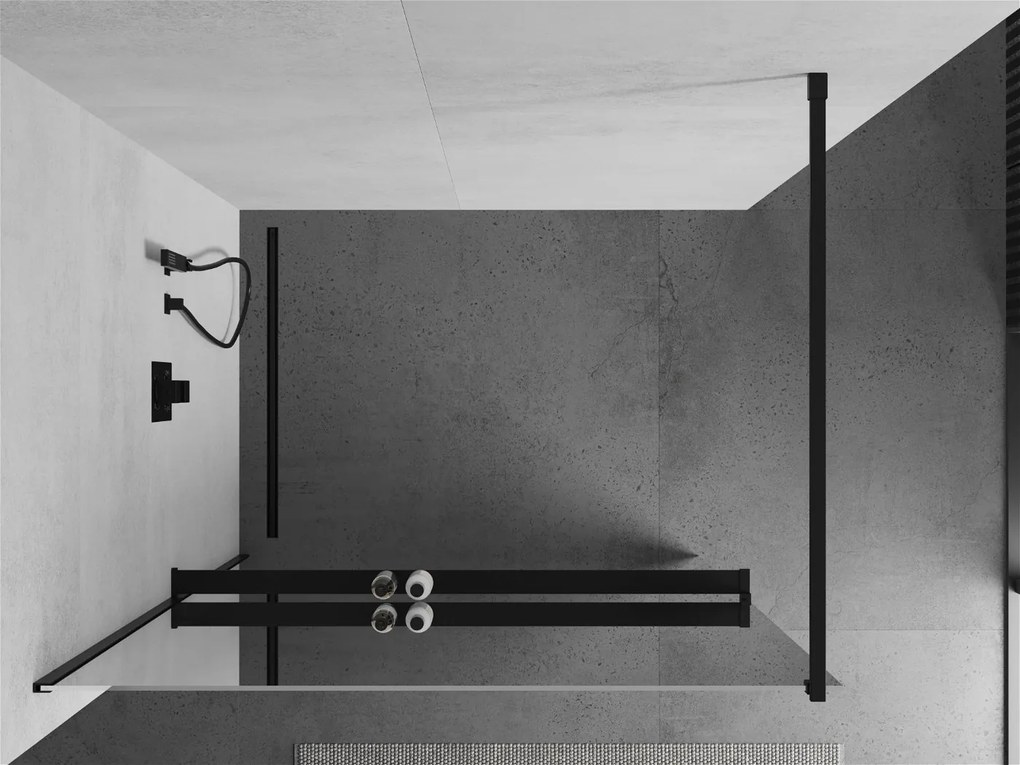 Mexen Kioto+, sprchová zástena s poličkou a držiakom na uteráky 110 x 200 cm, 8mm sklo vzor zrkadlo, čierny profil, 800-110-121-70-50