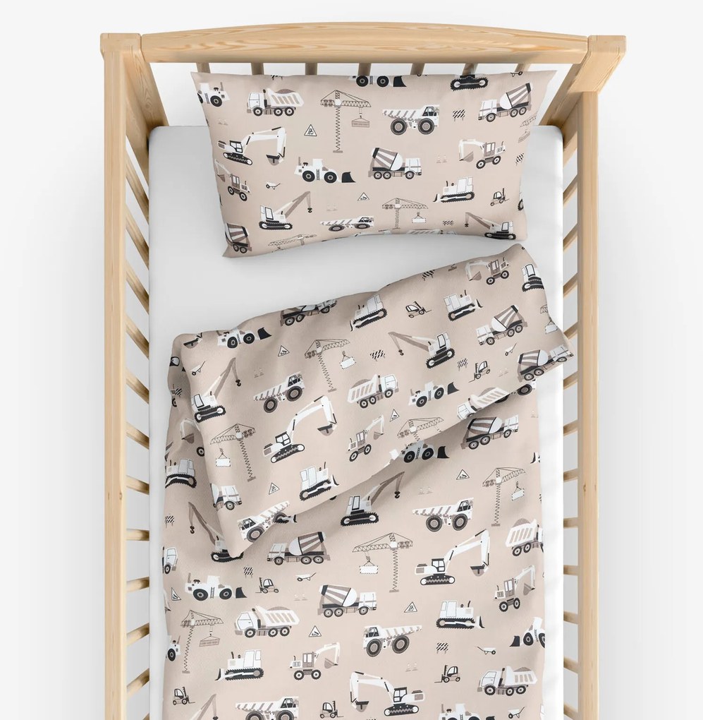 Goldea detské bavlnené obliečky do postieľky - nákladné autá a bagre na béžovom 100 x 135 a 40 x 60 cm