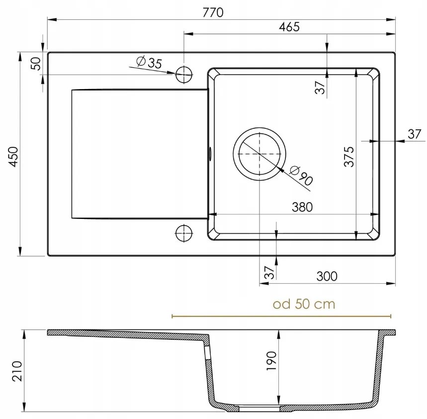 Sink Quality Ferrum, kuchynský granitový drez 770x450x190 mm + zlatý sifón, biela, SKQ-FER.W.1KDO.XG