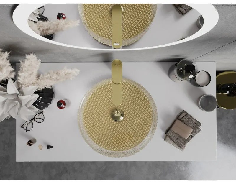 Mexen Aura, sklenené umývadlo na dosku 39 × 39 cm, číra / zlatá, 24013951