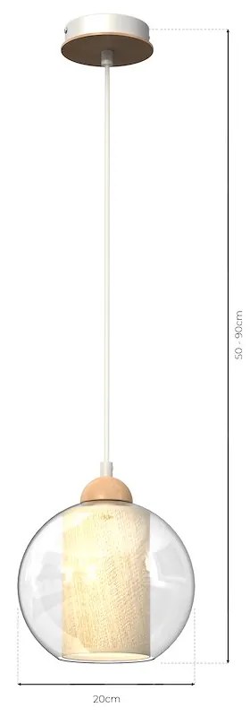 Závesné svietidlo Tela, 1x ratanové/transaprentné sklenené tienidlo, (fi 20cm), drevo