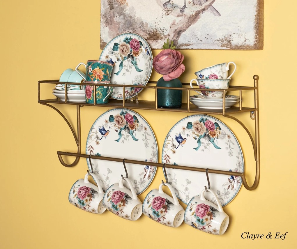 Veľký porcelánový hrnček s motívom kvetín a vtáčika Pivoine - 12 * 8 * 10 cm / 0,36 l
