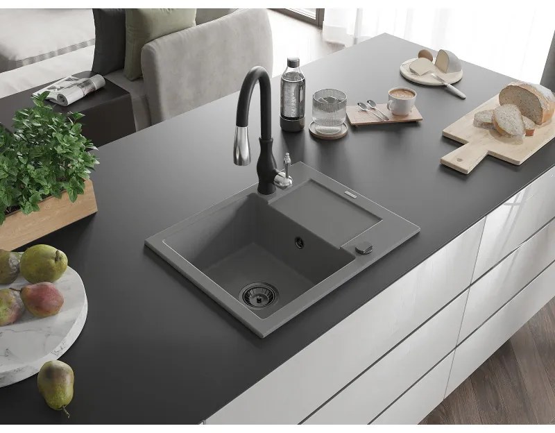 Mexen Enzo, 1-komorový granitový drez 576x465x174 mm a drezová batéria Savita, šedá, 6506-71-672601-70-B