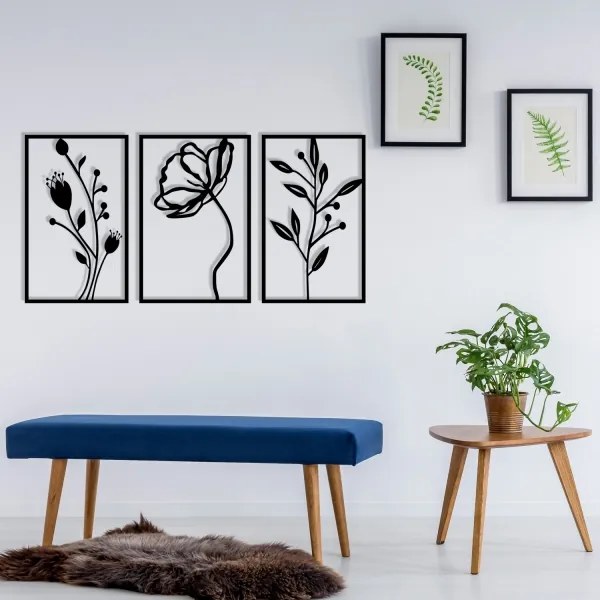 SADA 3x Nástenná dekorácia 78x39 cm kvety kov