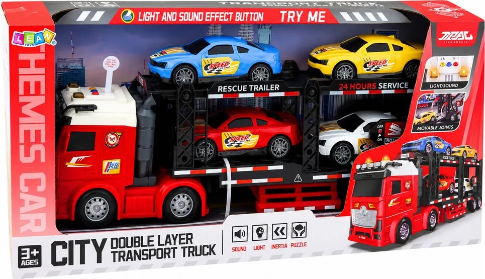 LEAN Toys Nákladné auto Lora Transporter s odťahovkou pre 4 autá, svetlá a zvuky