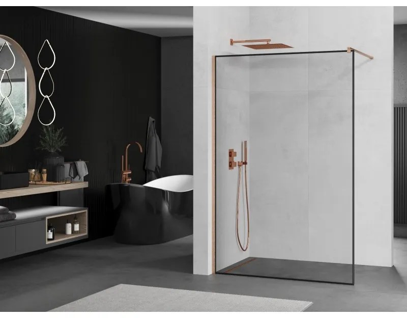 Mexen Kioto, sprchová zástena Walk-In 150 x 200 cm, 8mm číre sklo čierny vzor, medený matný profil, 800-150-101-65-70