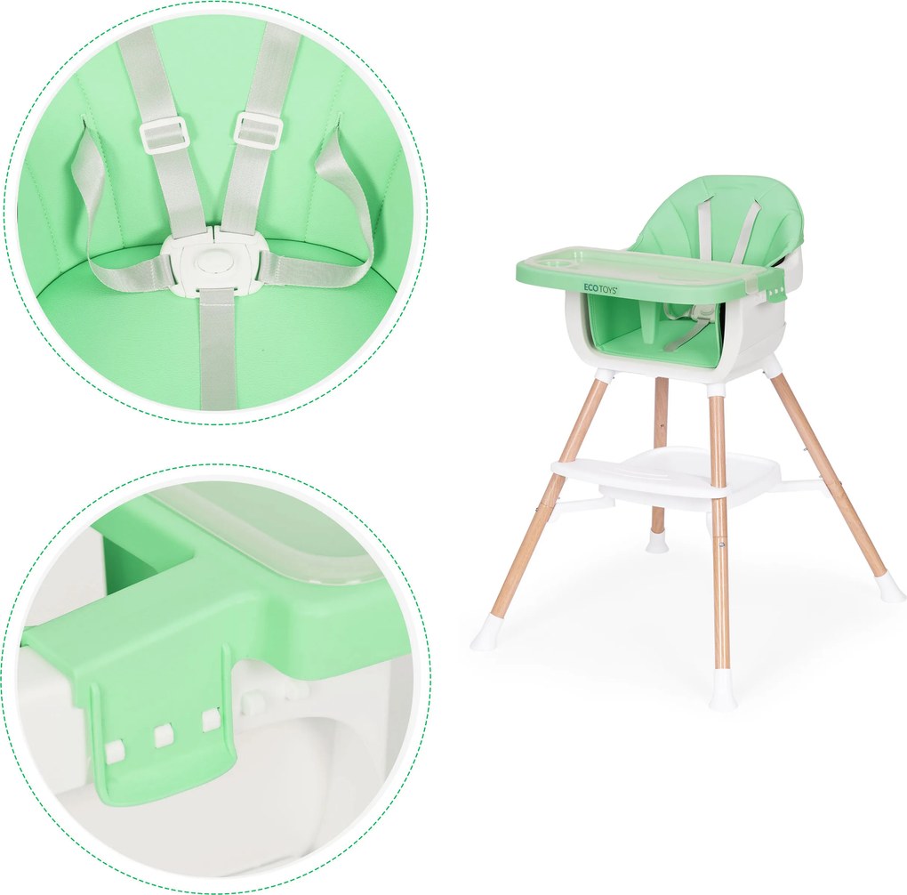Detská jedálenská stolička 2v1 ECOTOYS zelená, odnímateľná tácka, 5-bodové pásy