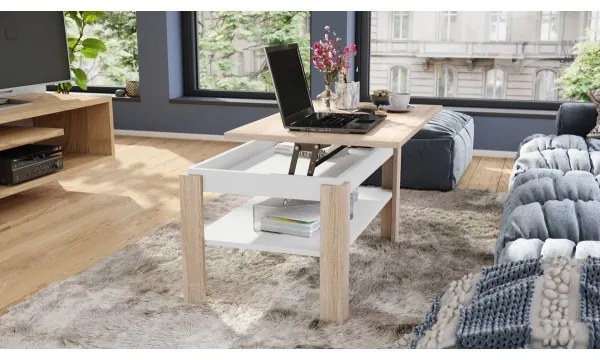 Rozkladací konferenčný stôl so zdvíhacou doskou a policou ADEN dub sonoma/biela