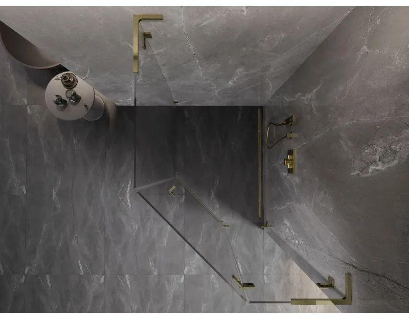 Mexen Lunar, L pravý výklopný päťuholníkový sprchový kút 80 x 90 cm, 8mm číre sklo, zlatý profil, 831L-080P-090L-50-00-P