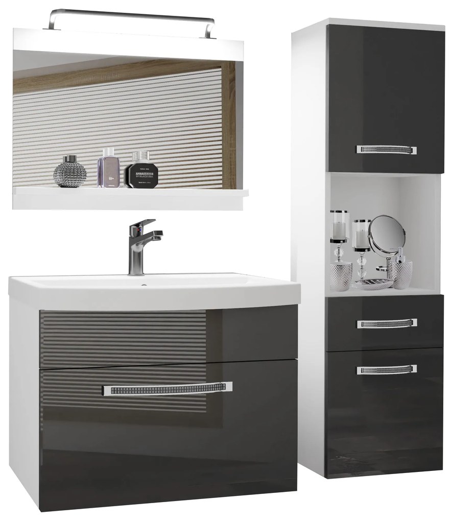 Kúpeľňový nábytok Belini Premium Full Version šedý lesk + umývadlo + zrkadlo + LED osvetlenie Glamour 45 GLA P 3/0/W/S/0/MB/PP