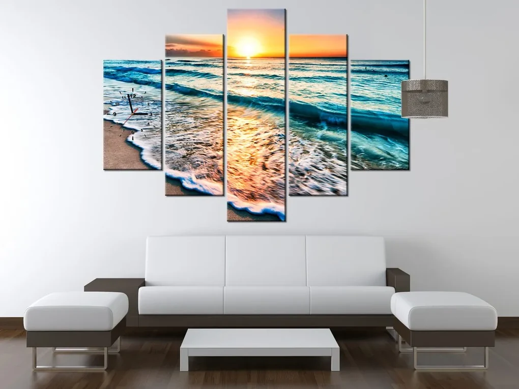 Gario Obraz s hodinami Západ slnka v Cancúne Mexiko - 5 dielny Rozmery: 150 x 70 cm