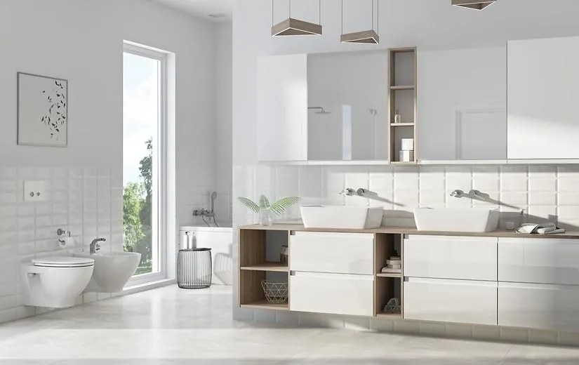 Cersanit Moduo, kúpeľňová skrinková súprava s umývadlom na dosku 80x45x95 cm, biela lesklá-dub, S801-442