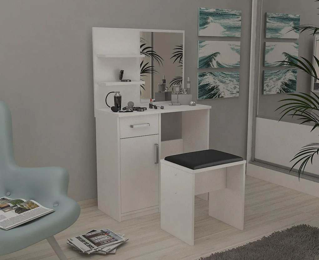 Zostava taburetka + toaletný stolík so zrkadlom a policami Kalvados