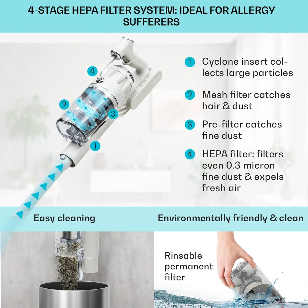 Klarstein LARMA, vysávač, akumulátorový, bezvreckový, maximálna doba prevádzky 45min, LED