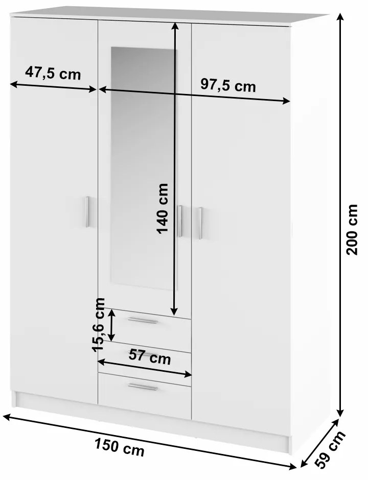 Trojdverová šatníková skriňa so zrkadlom a zásuvkami Bargo - biela