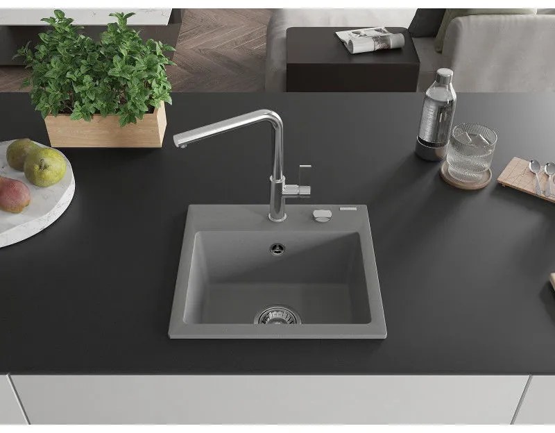 Mexen Milo, 1-komorový granitový drez 435x410x171 mm a drezová batéria Flora, šedá, 6505-71-670401-00
