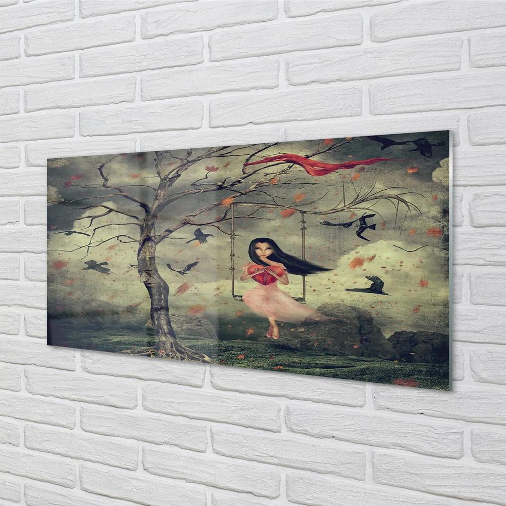 Obraz plexi Strom vtáky mraky dievča rocková 140x70 cm