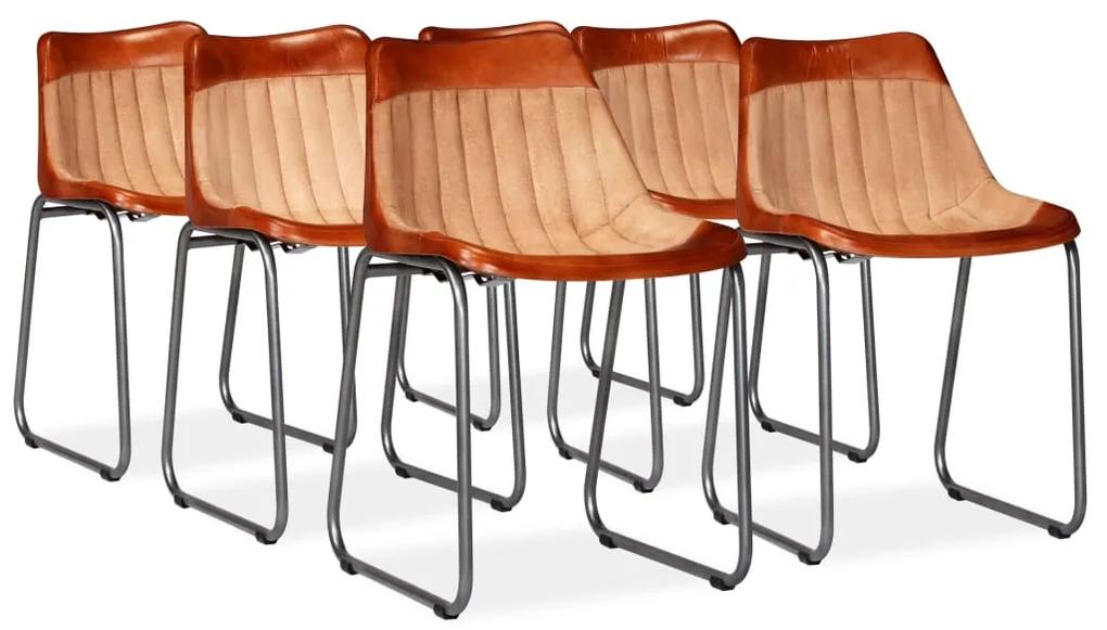 Jedálenské stoličky 6 ks, hnedo béžové, pravá koža a plátno