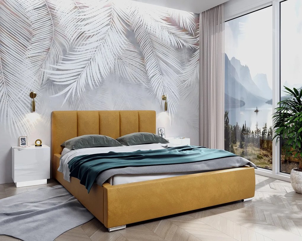 BRIGITTE 180X200 ČALÚNENÁ MANŽELSKÁ POSTEĽ HORČICOVO ŽLTÁ ZAMATOVÁ LÁTKA S ÚLOŽNÝM PRIESTOROM