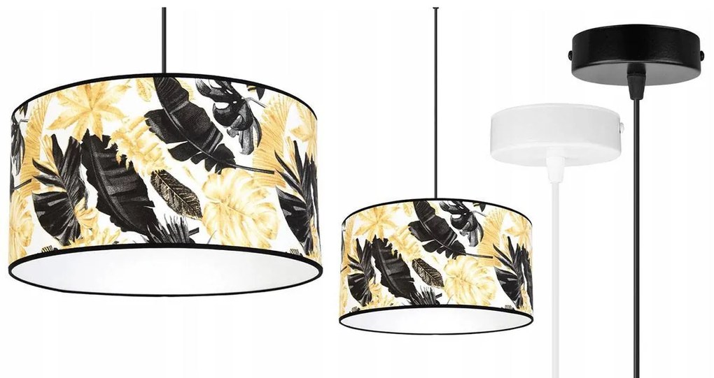 Závesné svietidlo Gold Flowers, 1x biele textilné tienidlo s kvetinovým vzorom, (výber z 2 farieb konštrukcie), (fi 40cm)