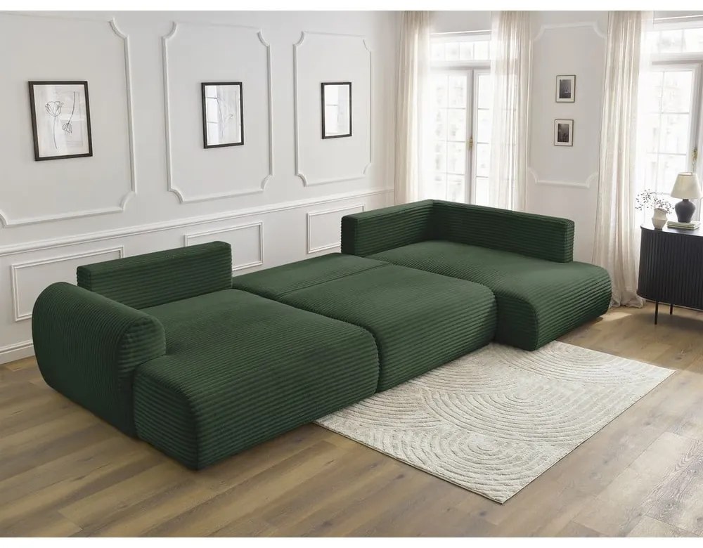 Tmavozelená menčestrová rozkladacia rohová pohovka (ľavý roh/do "U") Lucien – Bobochic Paris