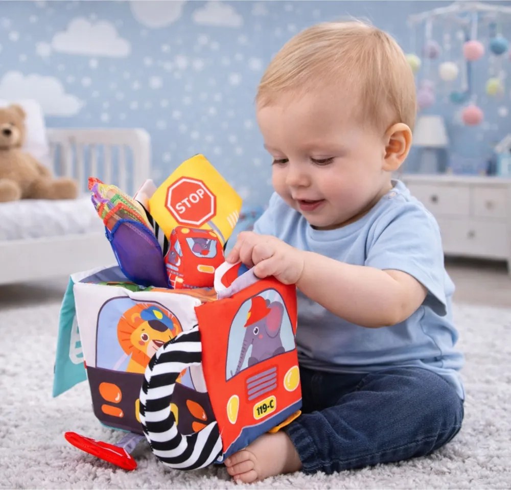 LEAN Toys Mäkká senzorická kocka so zrkadlom autíčka a dopravné značky pre bábätká