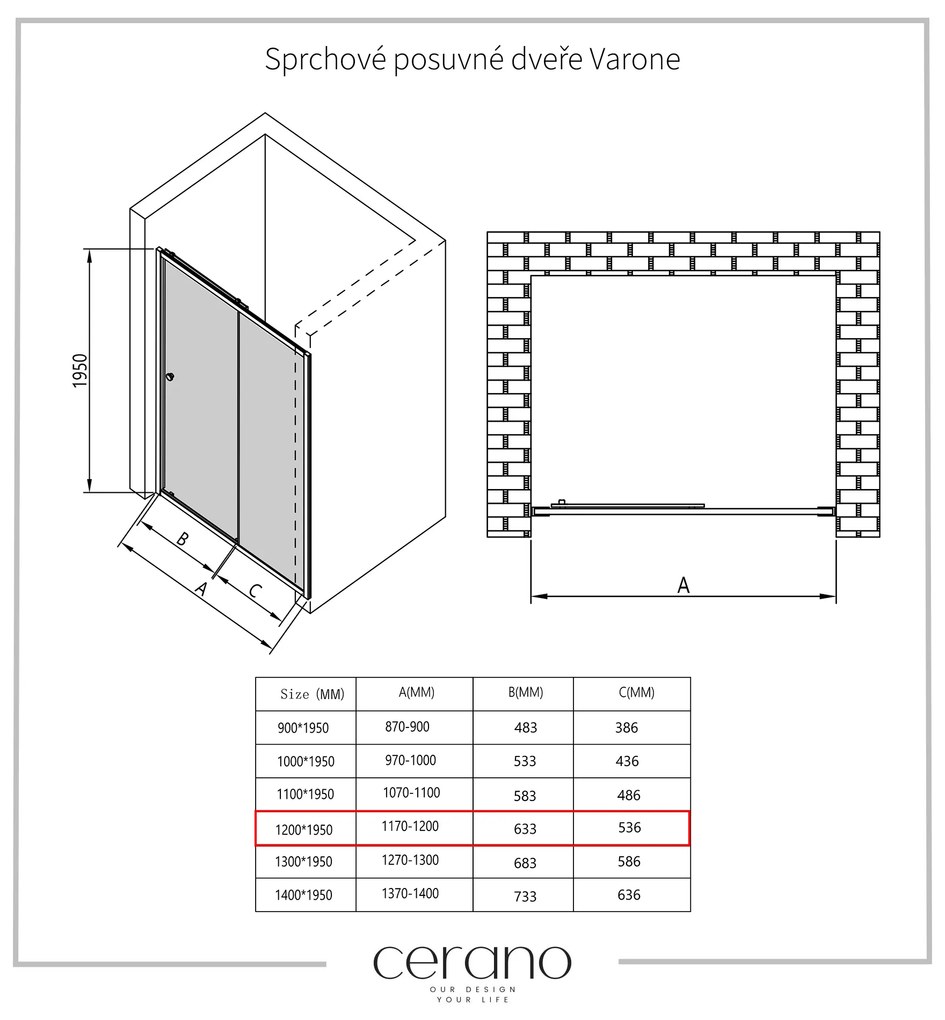 Cerano Varone, sprchovací kút s posuvnými dverami 120 (dvere) x 100 (stena) x 195 cm, 6mm číre sklo, chrómový profil, CER-CER-DY505-120100