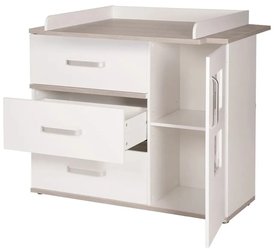 Biela nízka detská komoda v dekore brestu s prebaľovacím pultom 117x102 cm Moritz – Roba