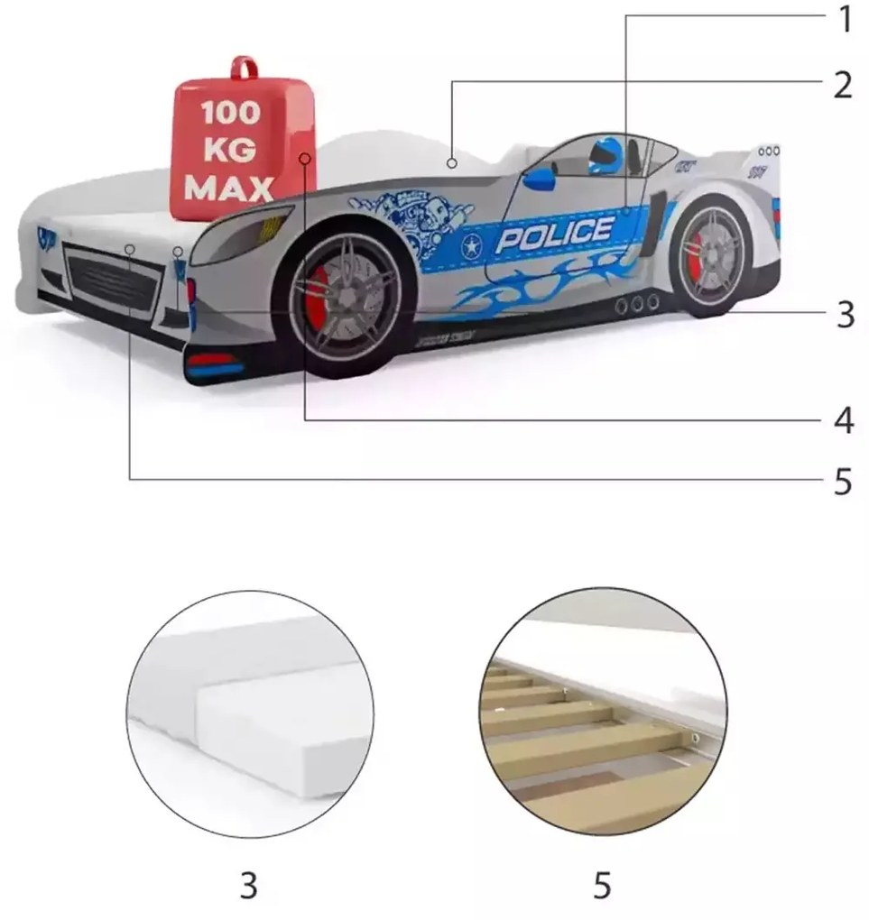Posteľ Auto 160x80 Polícia | sivá